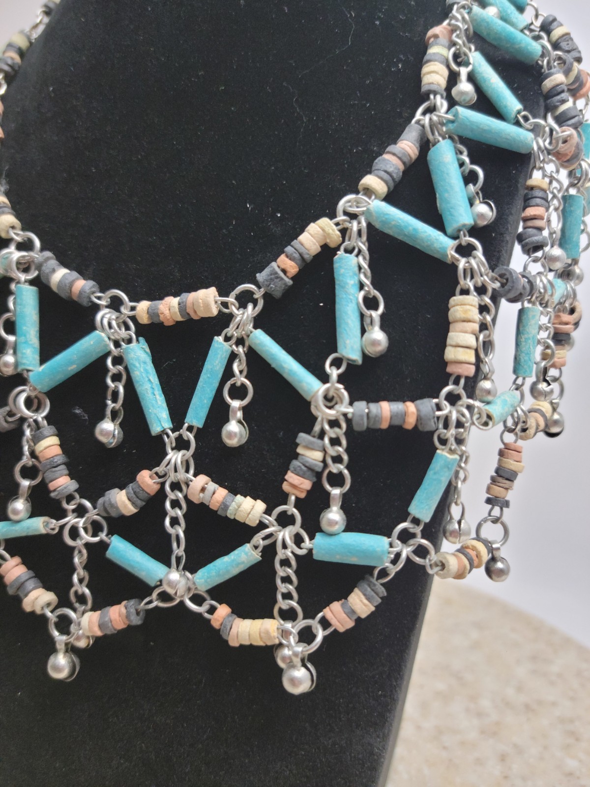 Boho Southwestern Style Multi-Strand Bib Necklace Turquoise Tan Gray Bead Web