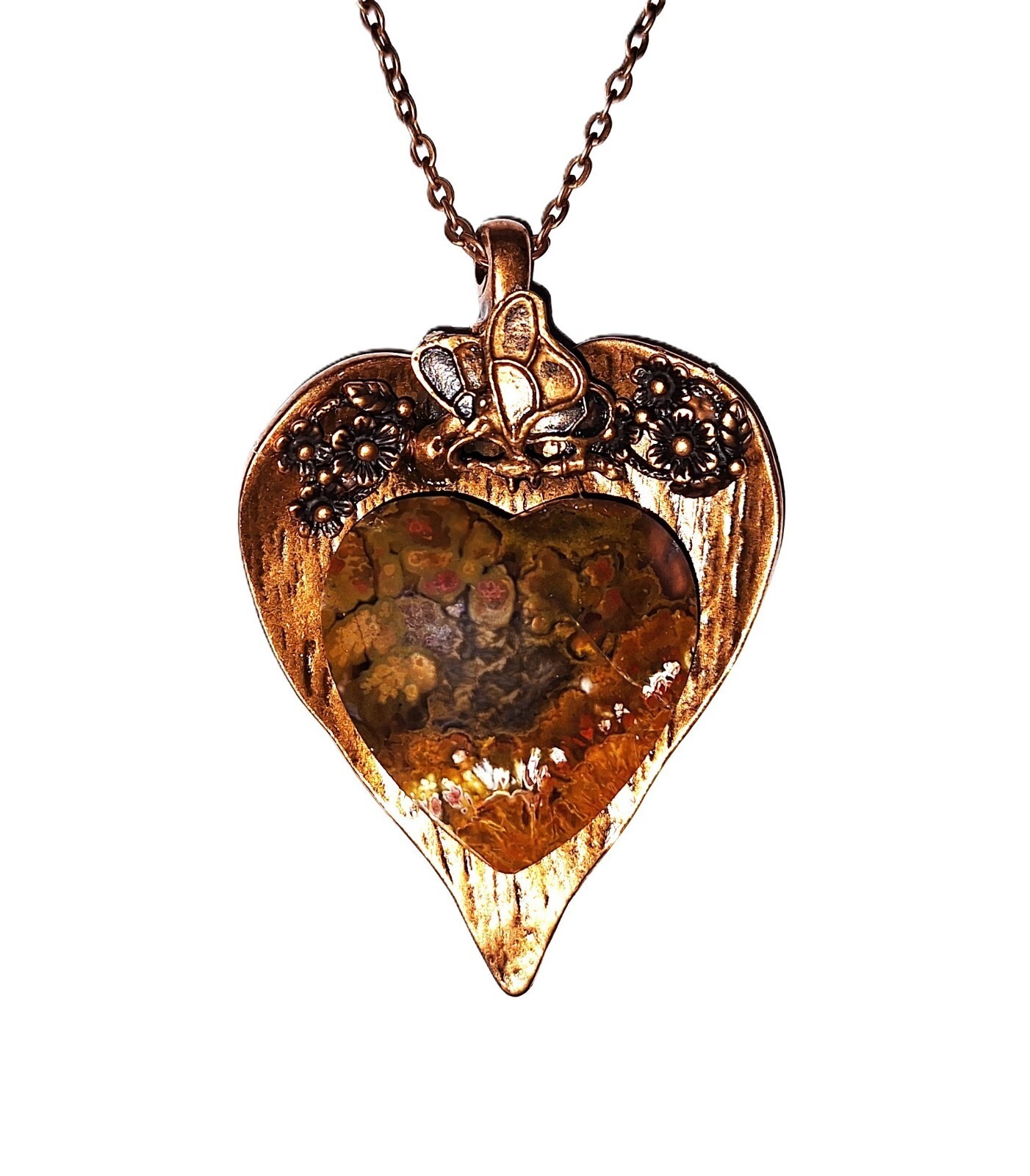 Amazing Psilomelane Petrified Wood Heart Cabochon Necklace on Copper 17