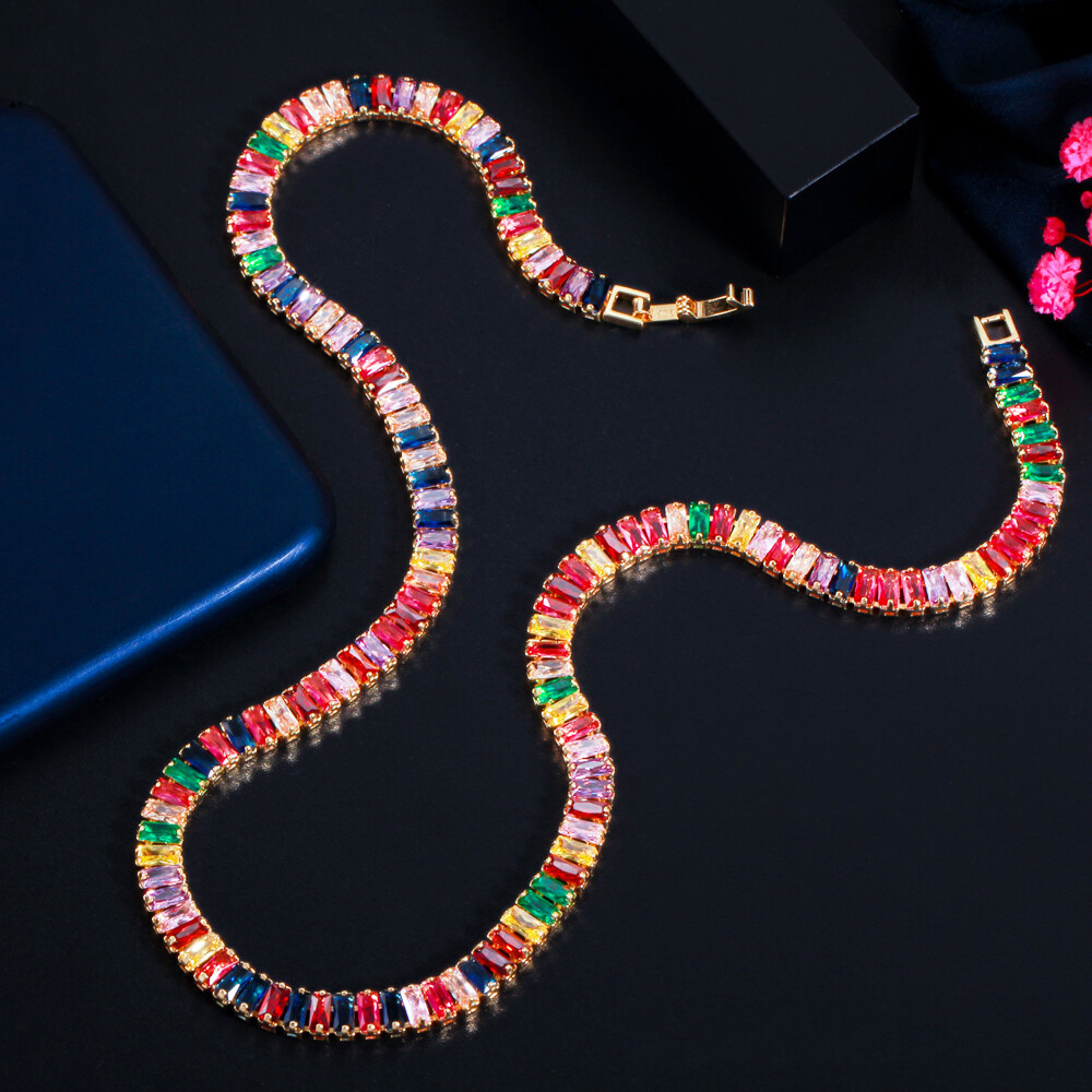 Colorful Rainbow Cubic Zirconia Tennis Necklace Gold Plated Women Bridal Jewelry