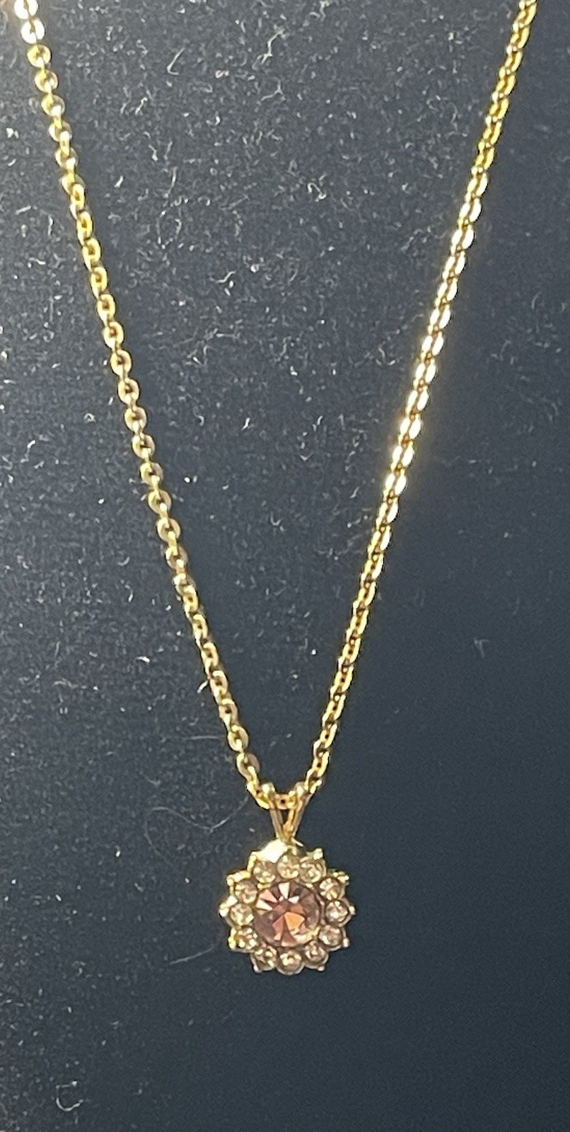 Gold Tone Pink & Clear Rhinestone Flower Pendant 19” Necklace Floral Charm Avon