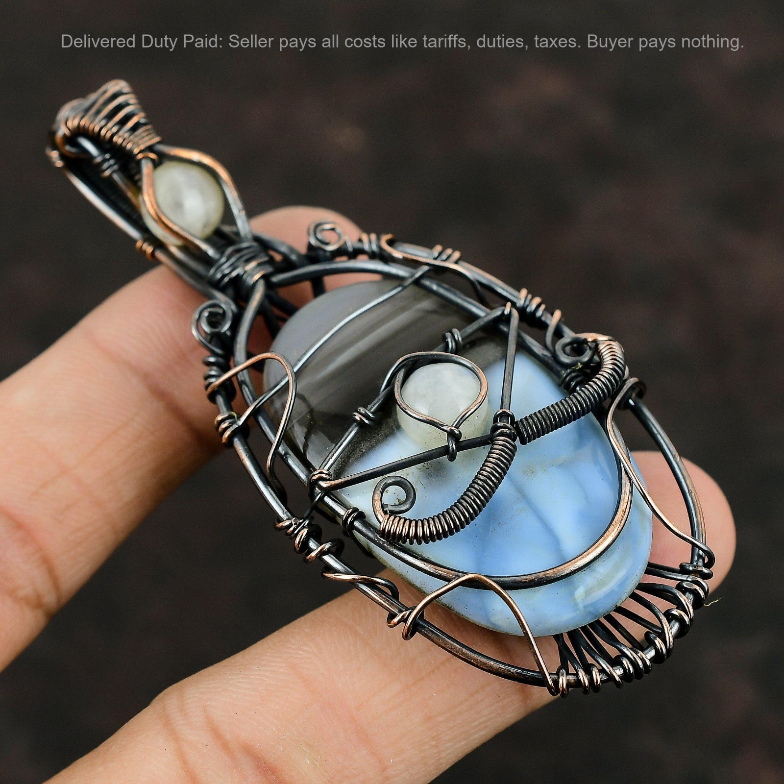 Copper Natural Owyhee Blue Opal Rainbow Moonstone Wire Wrapped Evil Eye Pendant