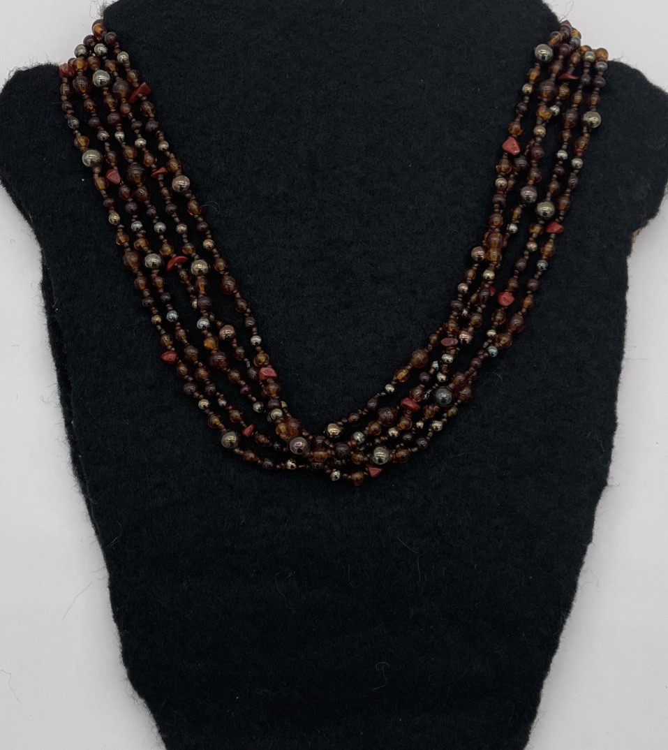 Vintage Style Multi-Strand Beaded Necklace With Earth Tone Colored Beads 20 In