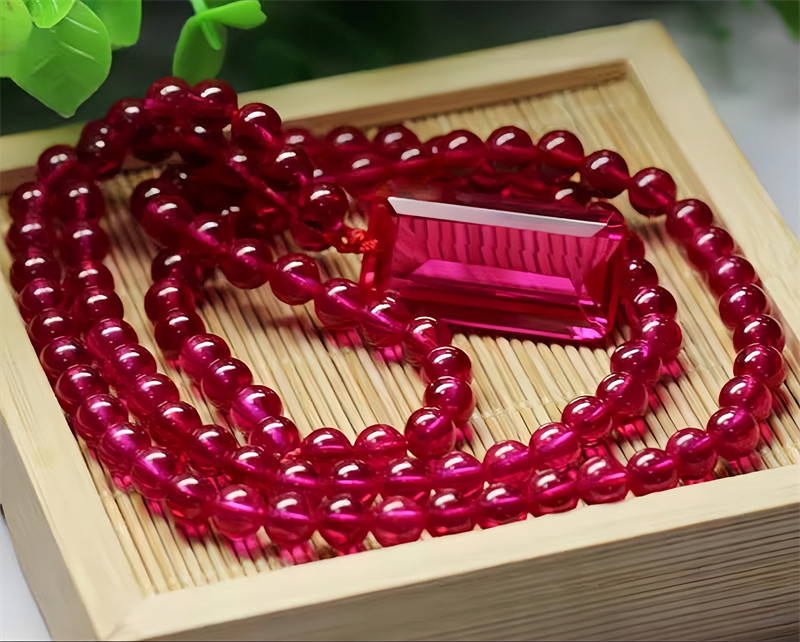 Top Quality Round Bead Red Ruby Lab-Created Beaded Necklace Emerald Cut Pendant