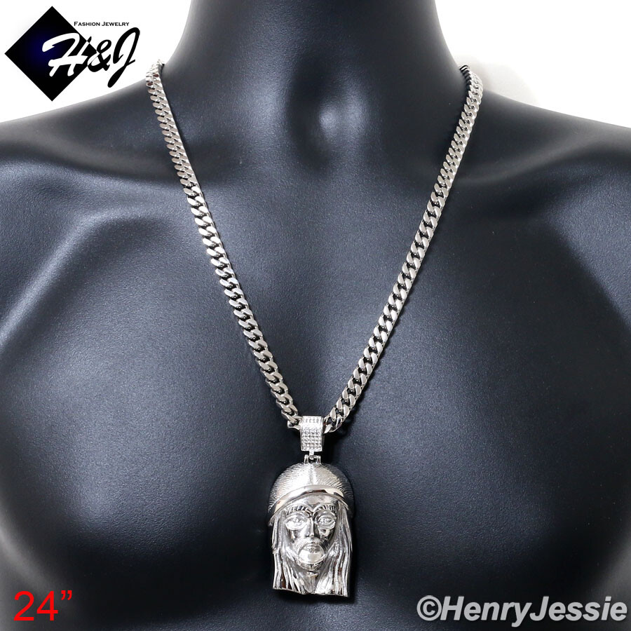 18″-40″Stainless Steel 7mm Silver/Gold Plated Cuban Chain CZ Jesus Pendant*P143