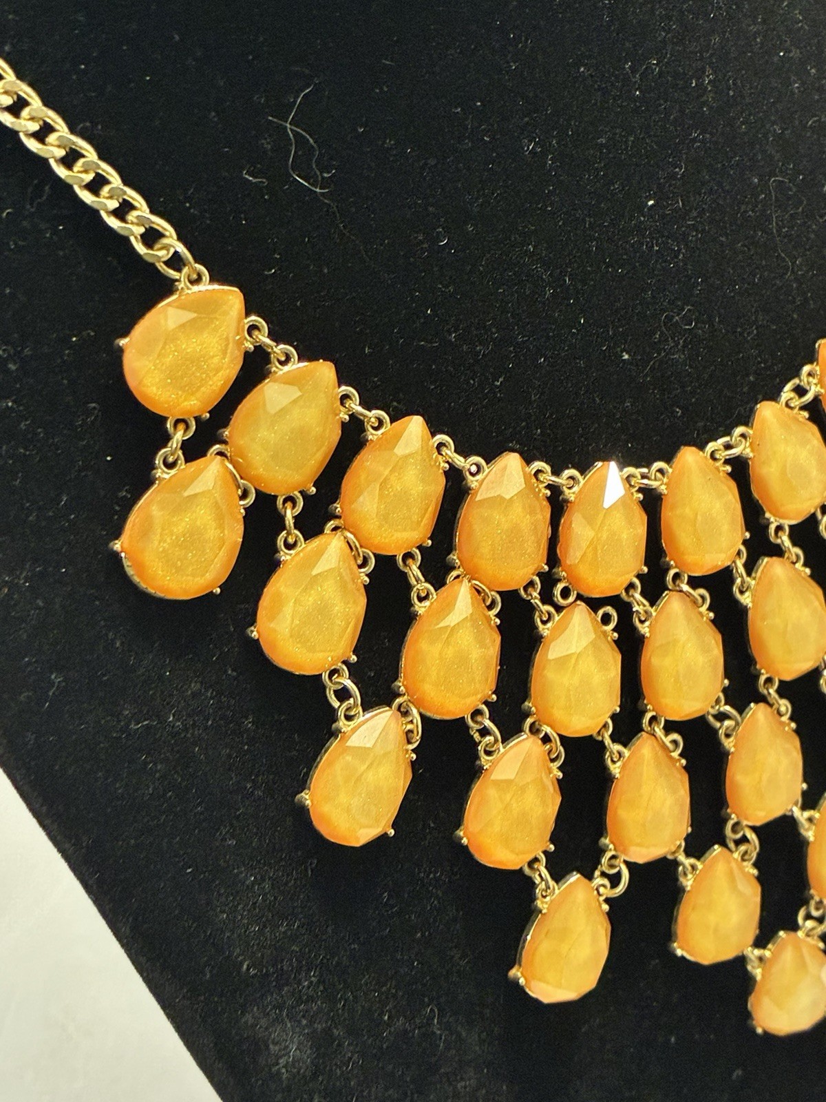 Neon Orange Statement Bib Necklace Gold Tone Teardrop Chunky Acrylic Costume 18”