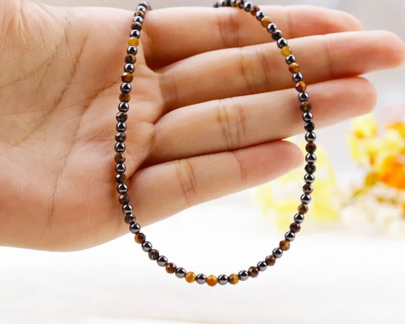 Triple Protection Tiger Eye Obsidian Hematite Beaded Women Men’s Choker Necklace