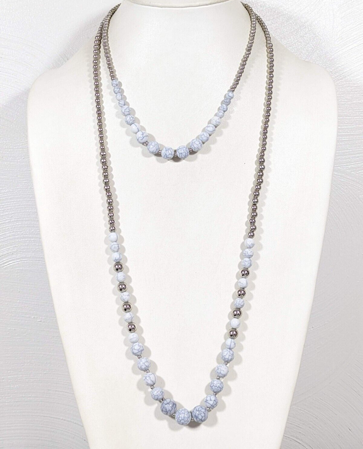 Charming Charlie Gray White Beaded Double Layered Statement Necklace 18.5 in