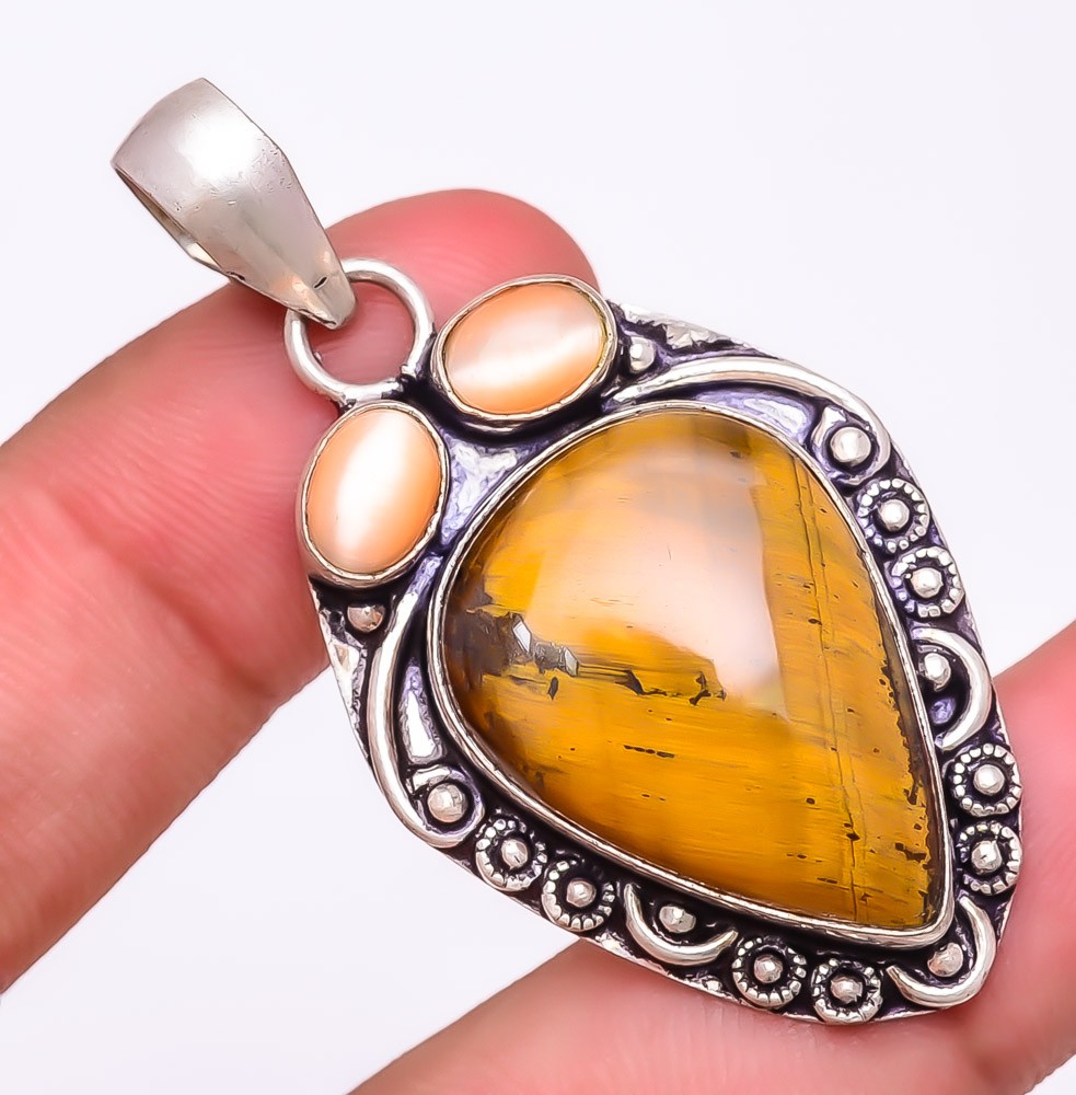 Natural Tiger’S Eye & Cat’S Eye 925 Silver Plated Jewelry Pendant 2.1″ F2543