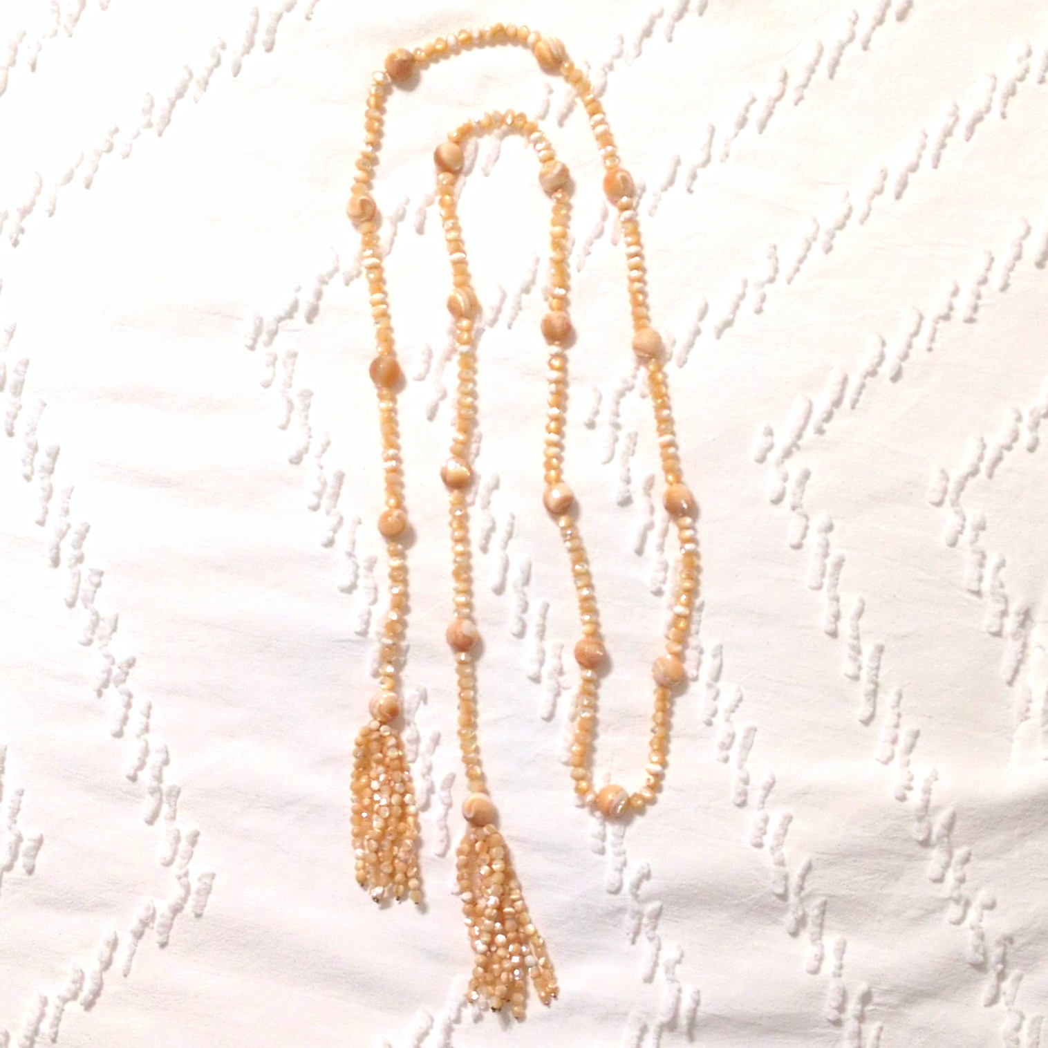 Beige Beaded Strand Tassel Necklace, Adjustable Bohemian Ball/Bead Chain