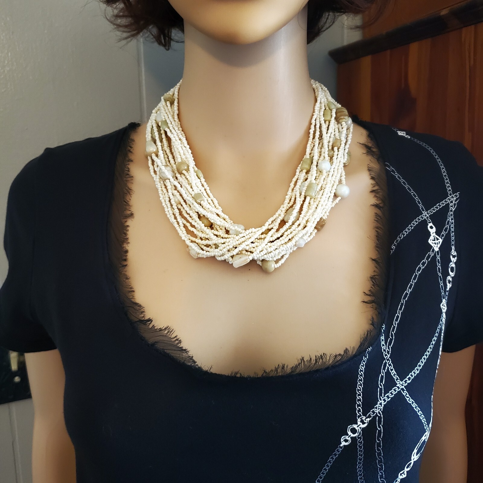 Multi-strand, Layered Glass Seed Bead Necklace 19″ )See Description)