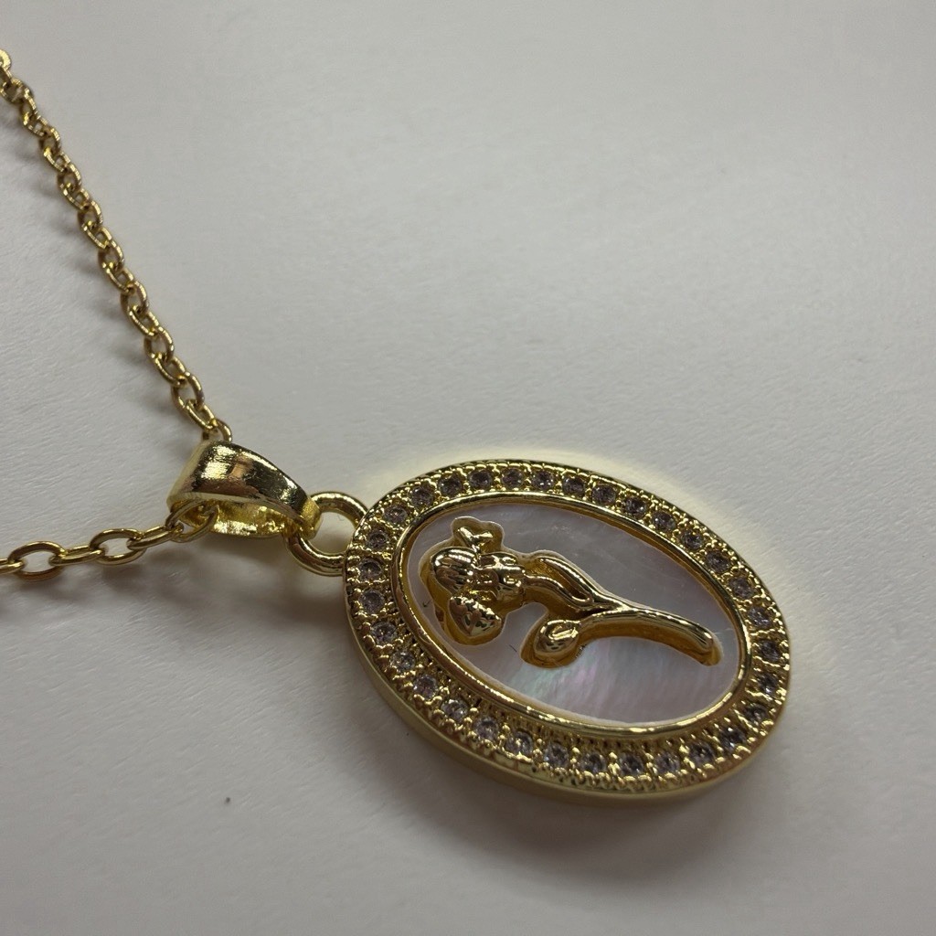 Gold Tone Stainless Steel Cable Necklace Oval Charm Pendant Pavé Crystals