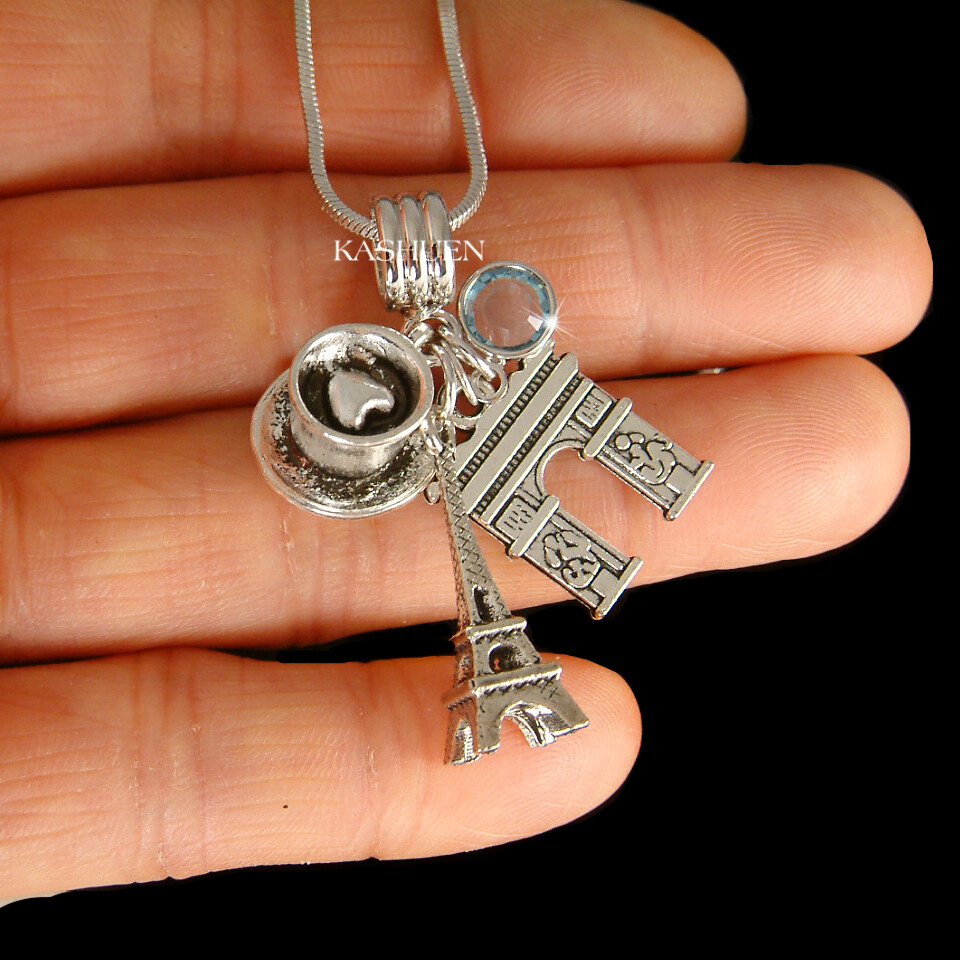 ~Eiffel Tower Arc De Triomphe Coffee~ Necklace Europe Travel French France Paris