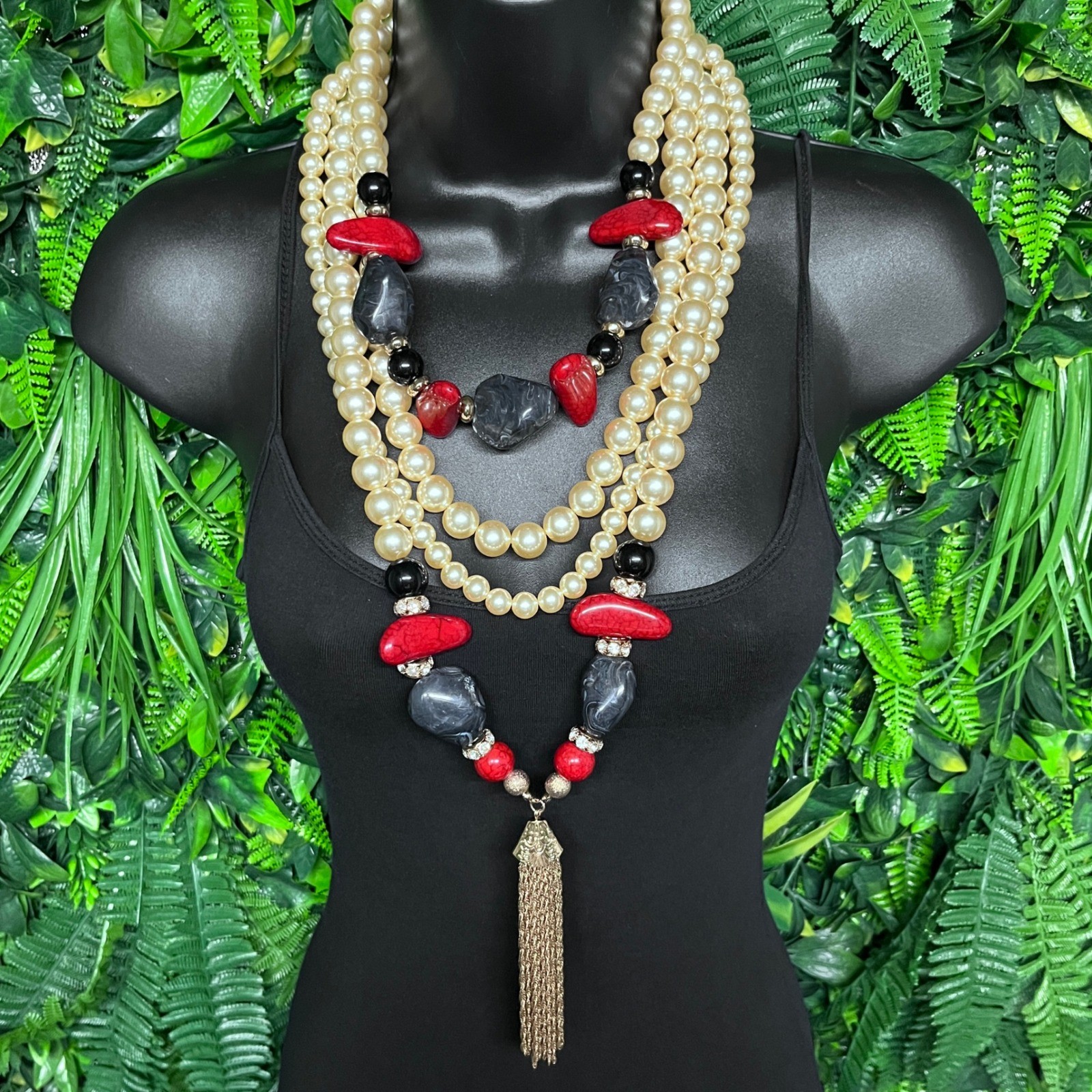 Statement Necklace Multi-Strand Faux Pearl Red Black Resin Gold Tassel 3817