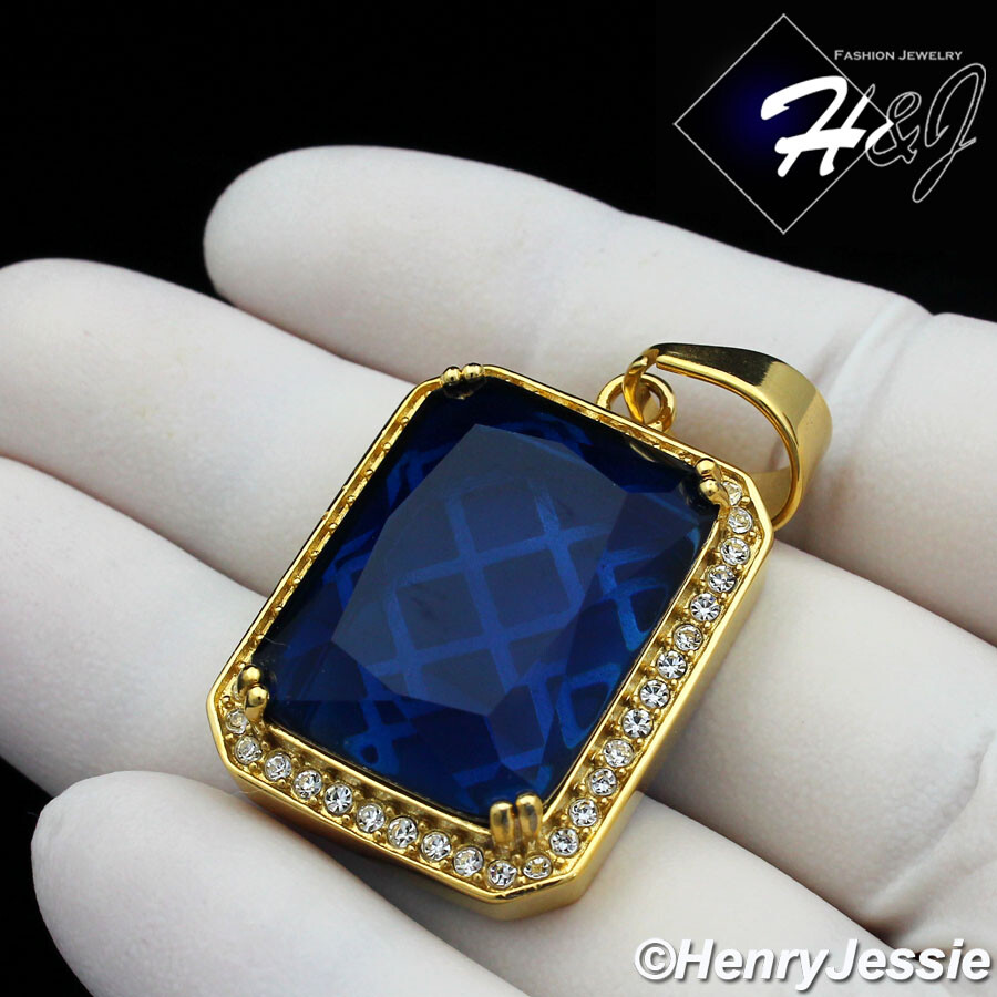 MEN’s Stainless Steel Blue Rhinestone Gold Plated Cham Pendant*GP103