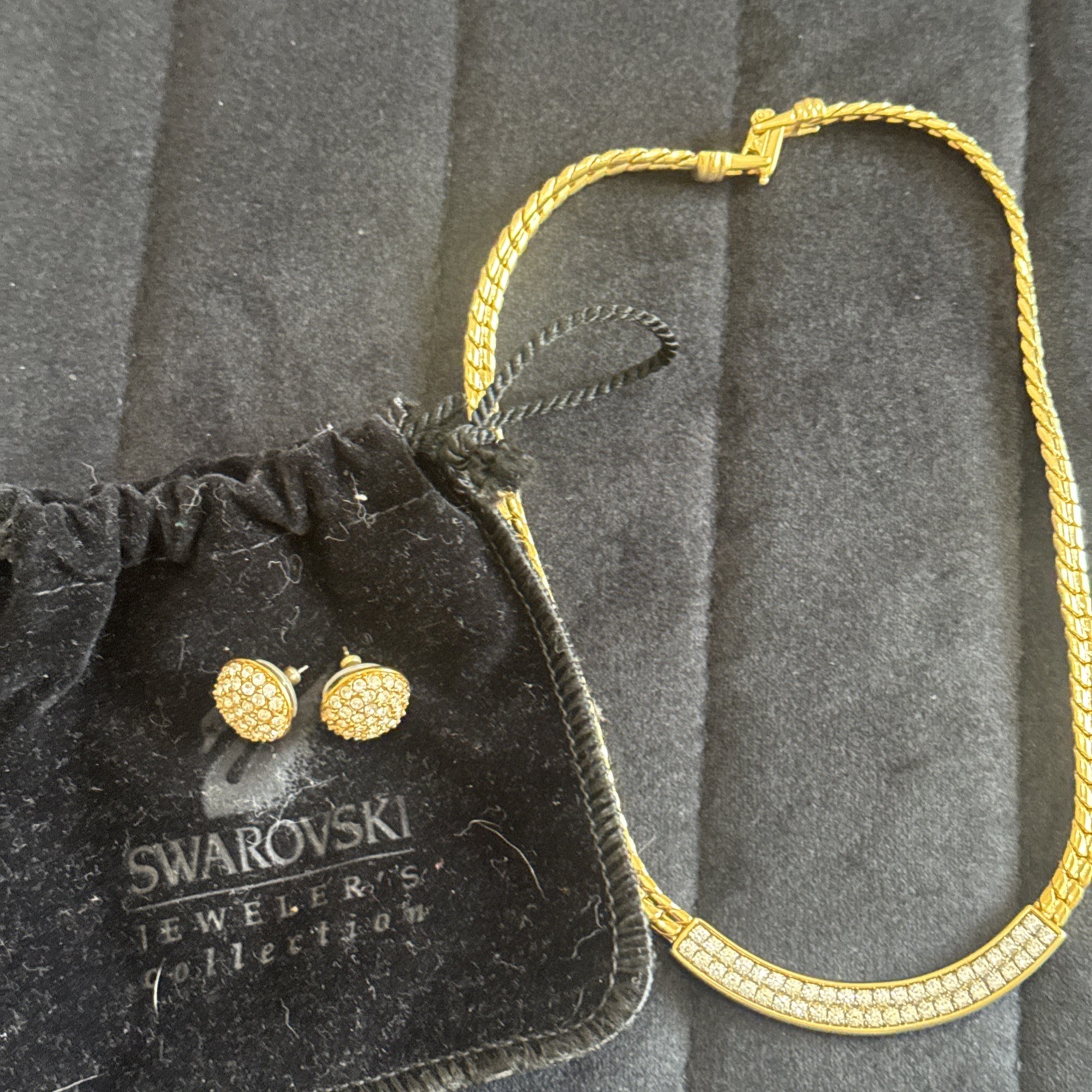 Vtg Swarovski FREE SHIP Signed SA Crystals Gold Tone Choker Necklace Earrings!!