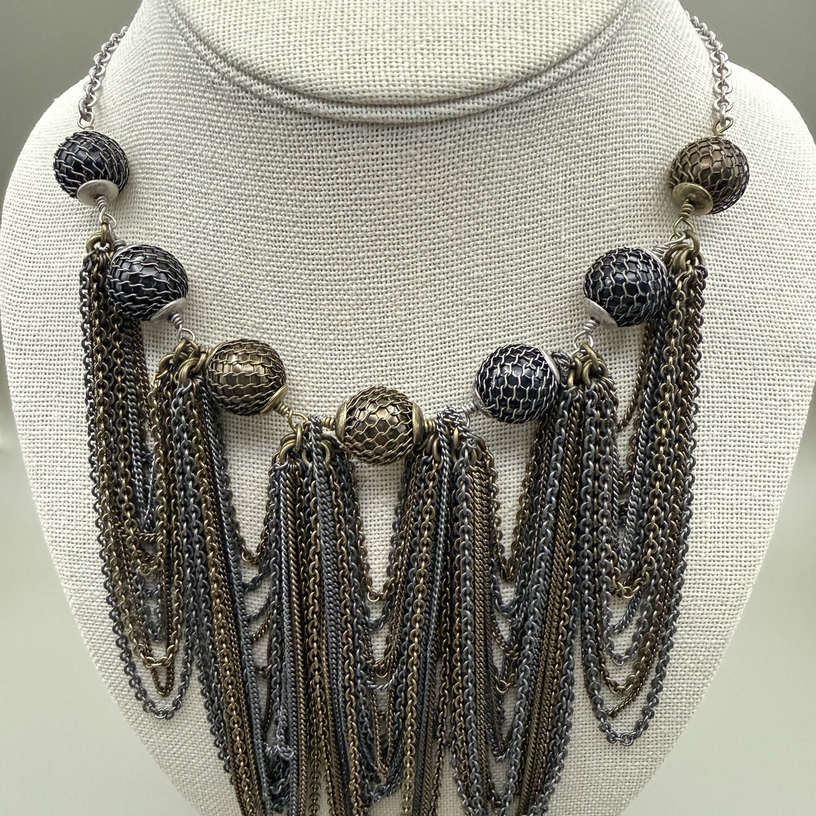 Madewell 1937 Bib Necklace Multi Chain Mixed Metal Mesh 24″ Industrial Boho Punk