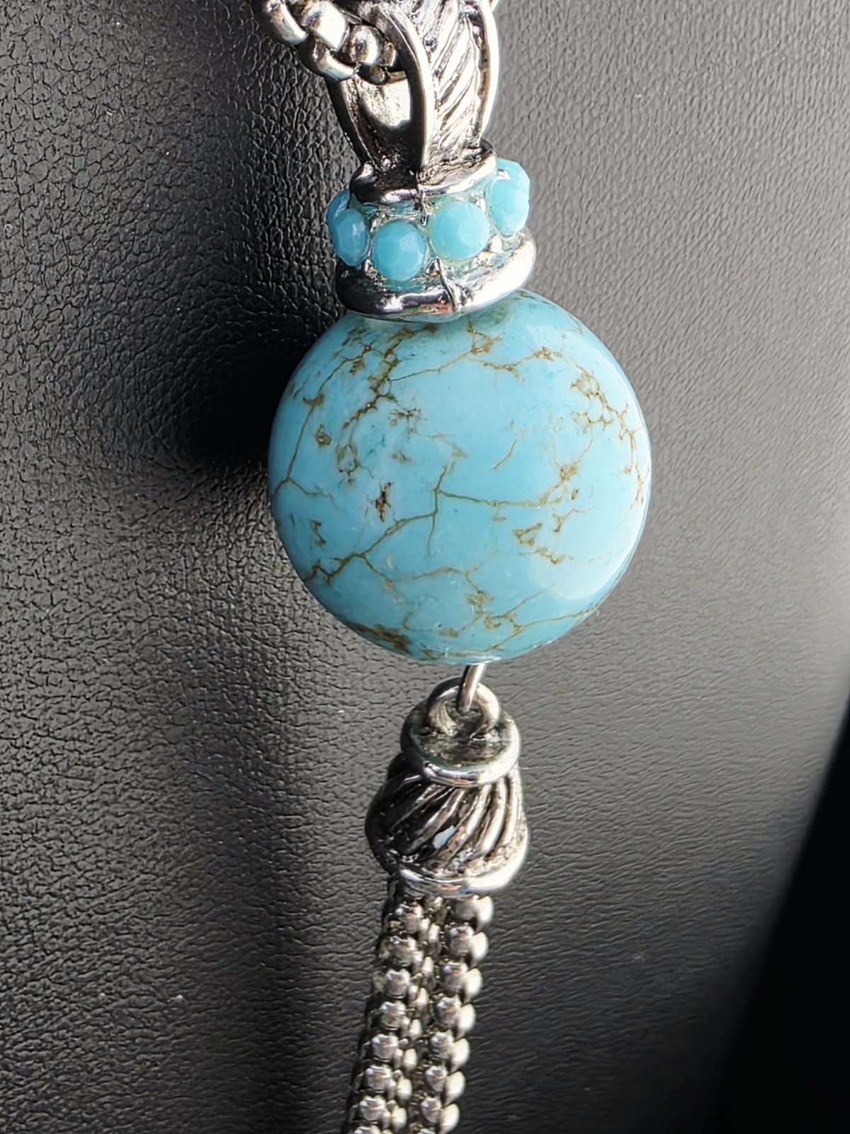 Southwestern Turquoise Tassel Pendant Necklace Heavy Silver Tone 16½” – 19½”