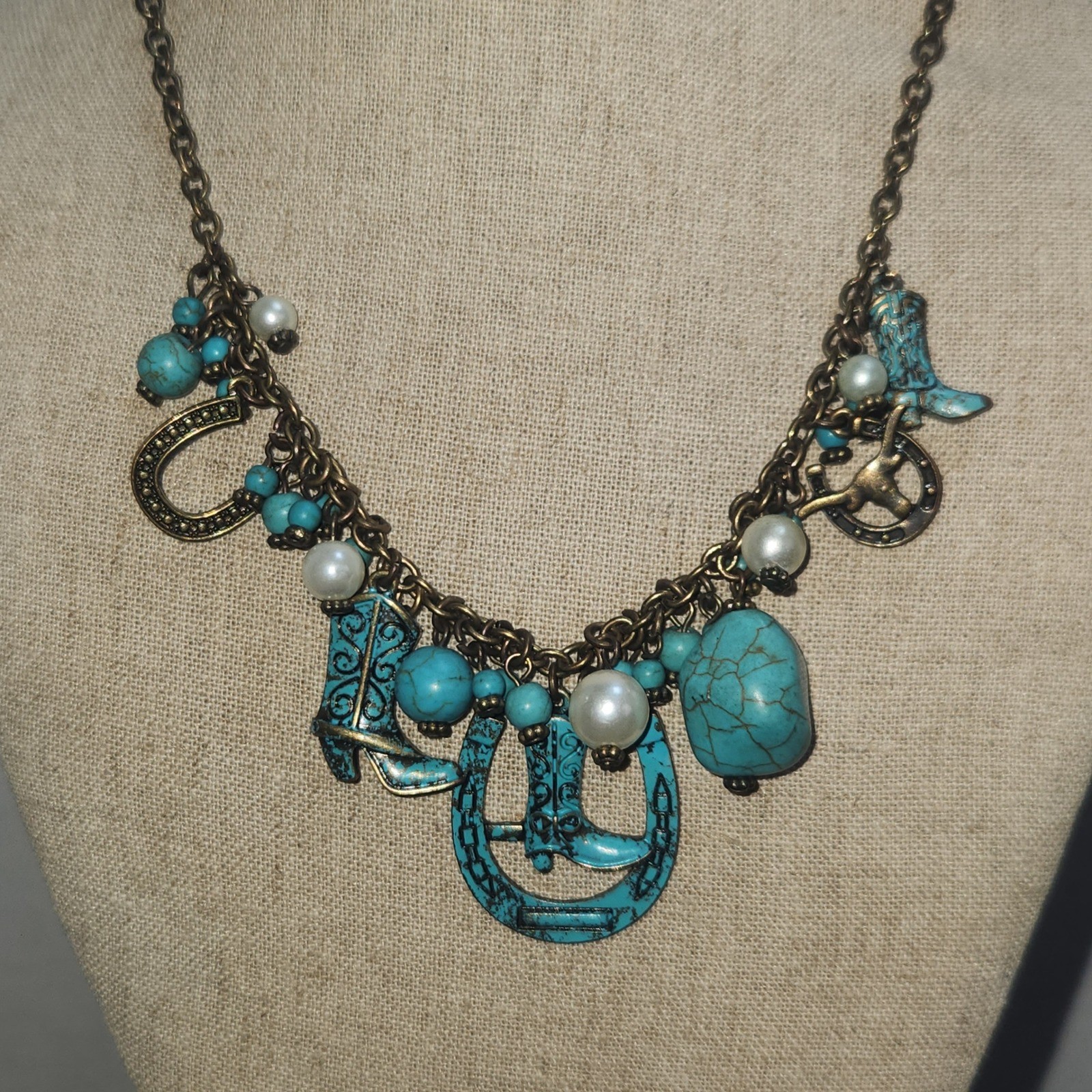 Western Turquoise color Cowboy Boot Horseshoe Charm Statement Necklace