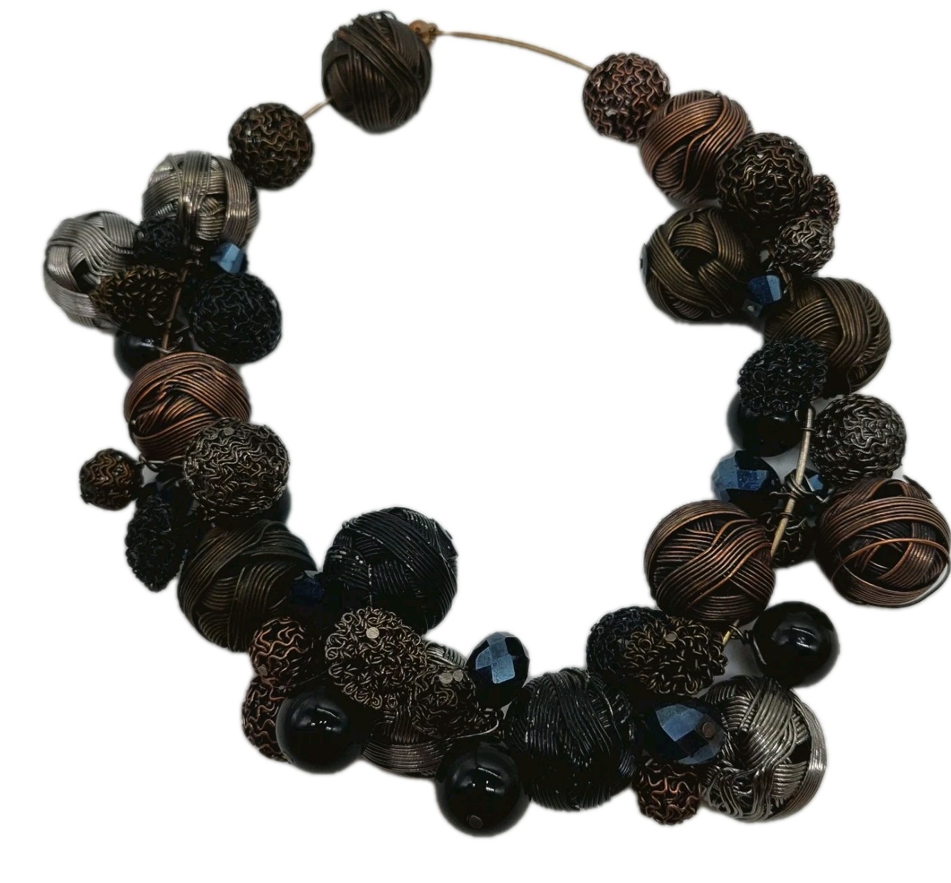 Copper Metal Wire Ball Plastic Beaded Necklace Silver Tone Black Black Choker