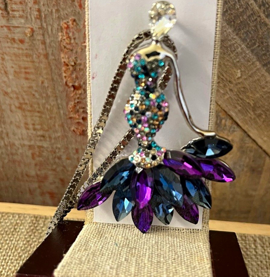 Silver Plated Box Chain Necklace Asymmetrical Dress Charm Pendant Purple Blue