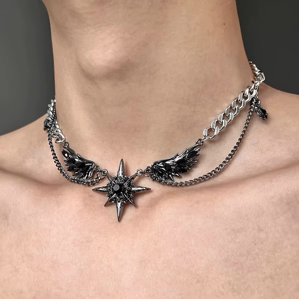 Men’s Star Starburst Wings Necklace Metal Jewelry Goth Punk Stainless Steel