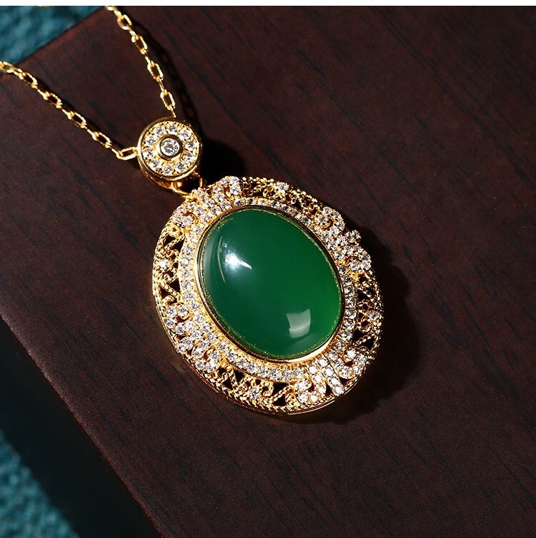 Green Jade Crystal Pendant Necklace Charm 18K Gold Plated Chain Dainty Gemstone