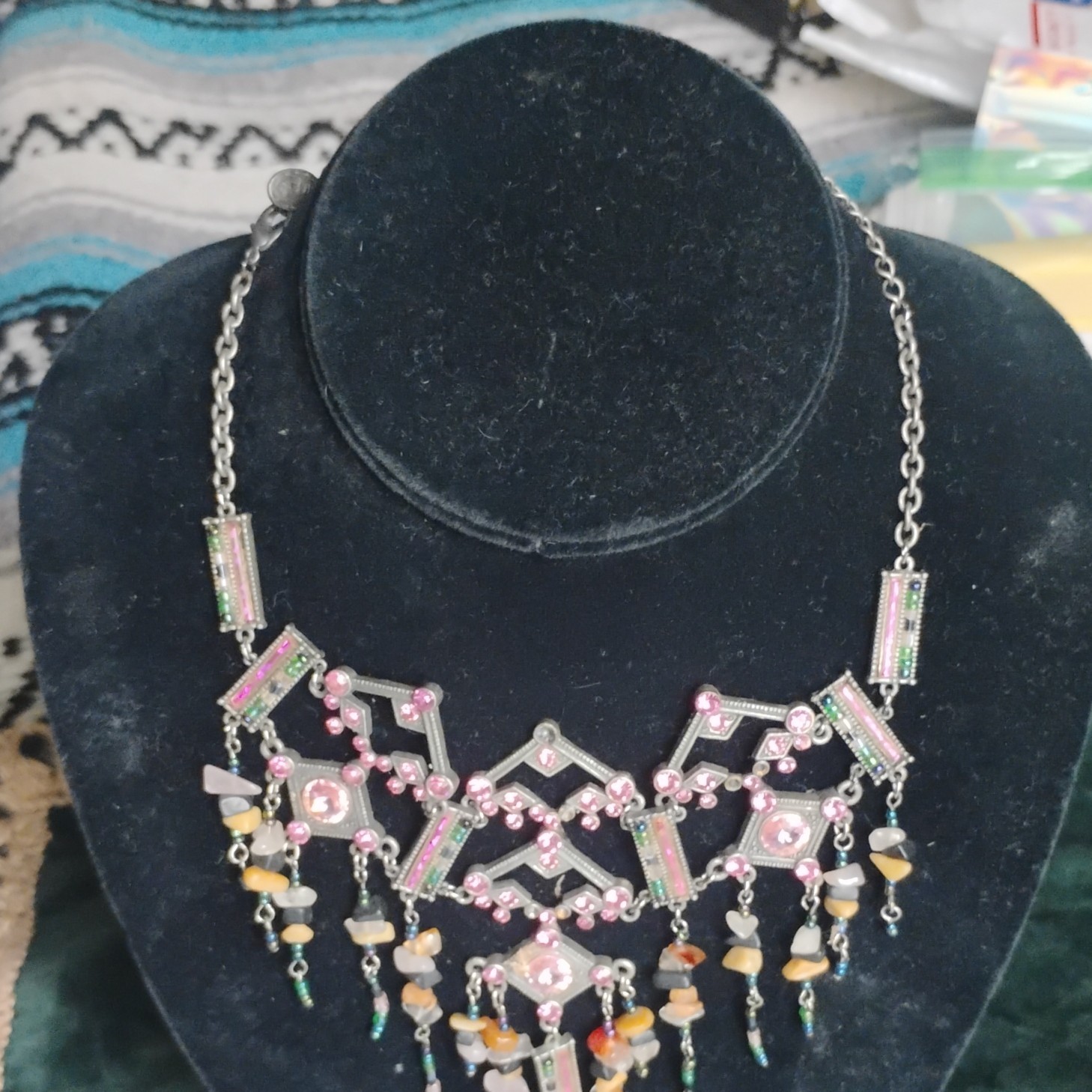 Silver Tone Art Deco Bib Statement Necklace, Pink Crystals Bead Dangles
