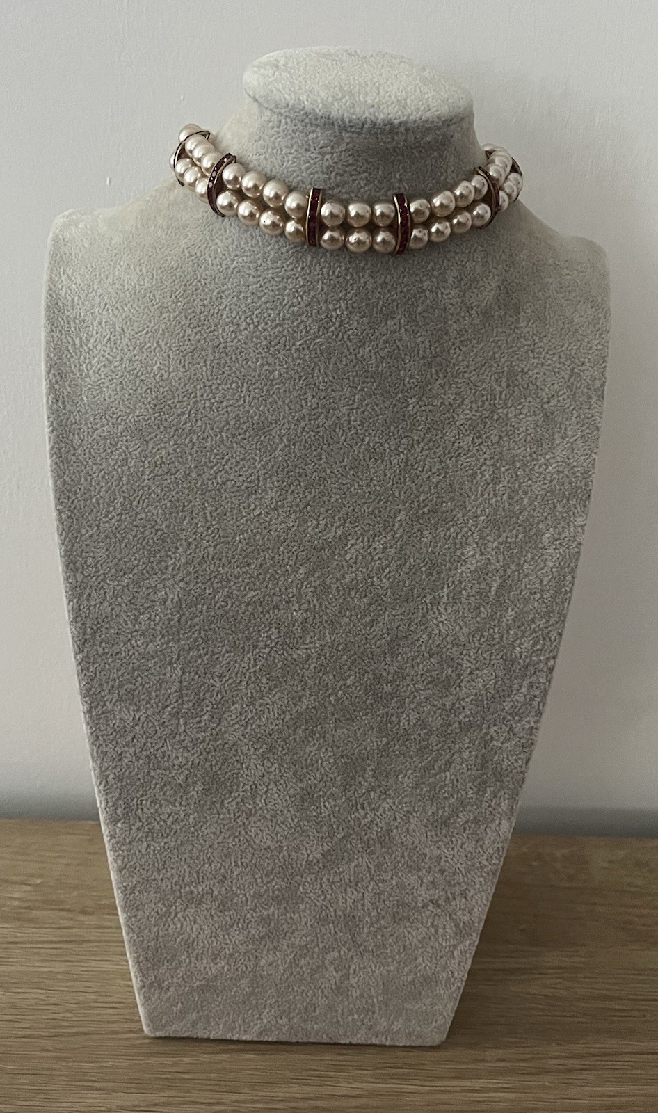 Vintage Style Double Strand Faux Pearl & Red Rhinestone Choker, See Description