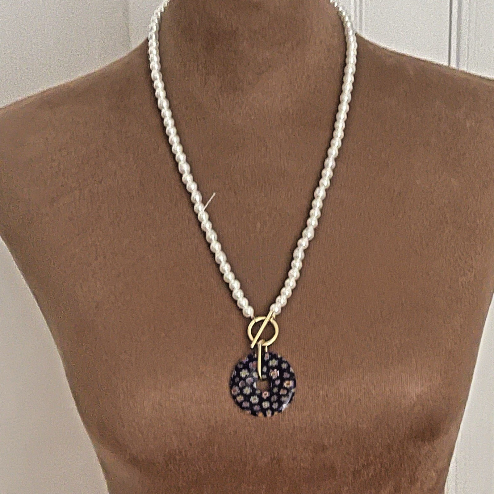 Sugarfix by Baublebar Necklace Blue Millefori Pendant & Pearls 19″ w/3″ext