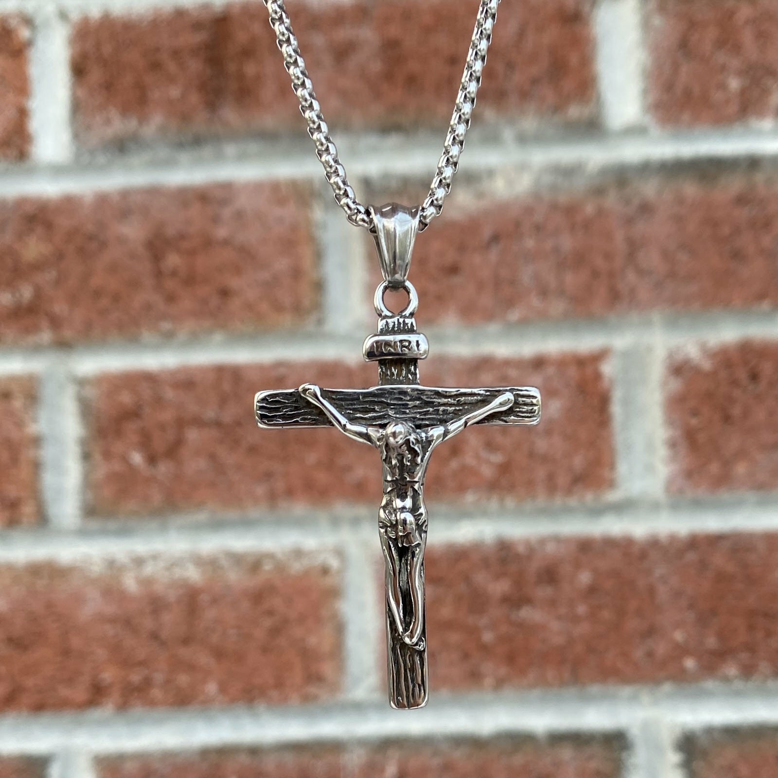 MENDEL Mens Stainless Steel Jesus Christ Crucifix Cross Pendant Necklace For Men