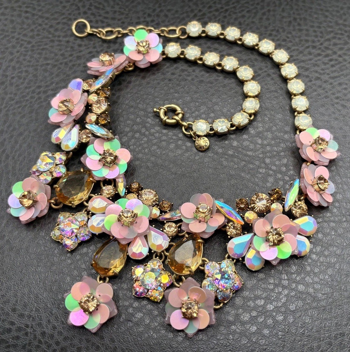 J Crew Amazing Floral Statement Bib Necklace Iridescent Pink Flowers Rhinestones