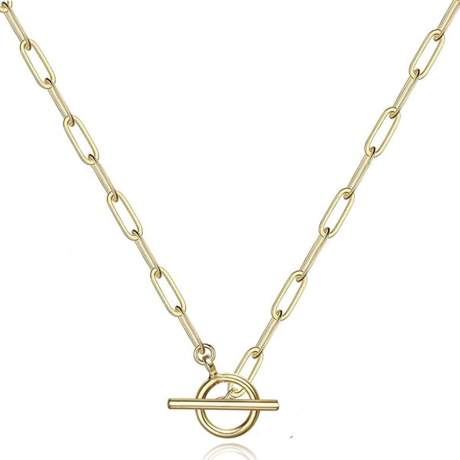 Toggle Necklace 14K Gold Plated Paperclip Chain Choker Stainless Steel Cable Nec