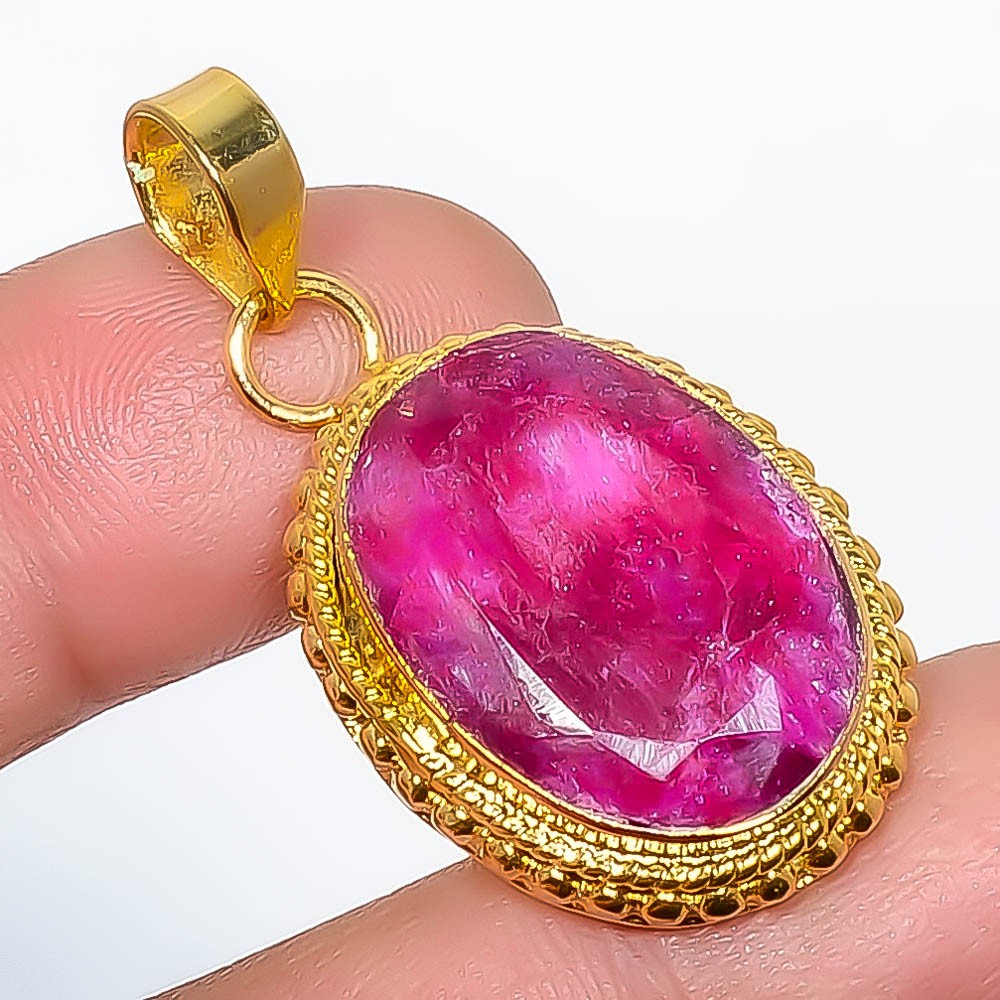 Ruby (Lab-Created) Gemstone 925 Silver Gold Plated Pendant 1.56″ P7622-234