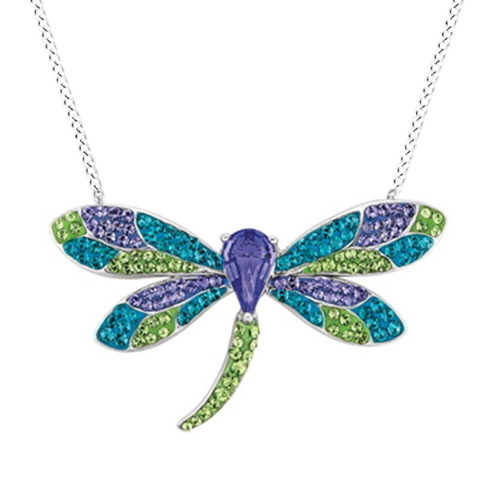 Dragonfly Necklace Multi-Color Crystal in 14K White Gold Plated 925 Sterling