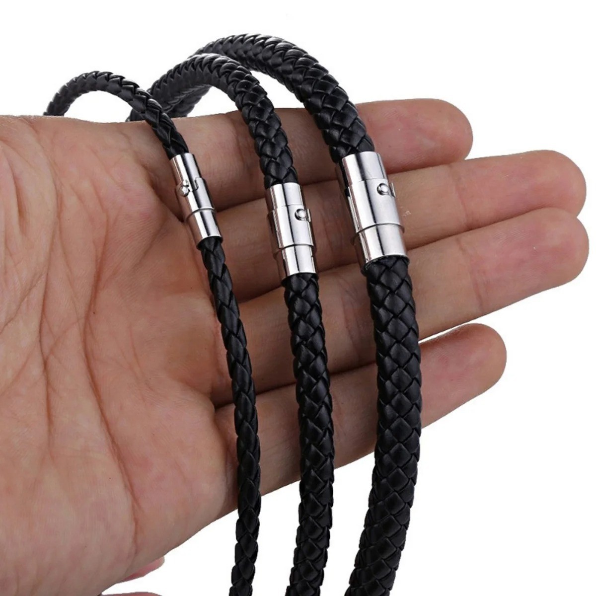 4/6/7MM Mens Black Braided Cord Rope Leather Necklace Choker w/ Magnetic Clasp