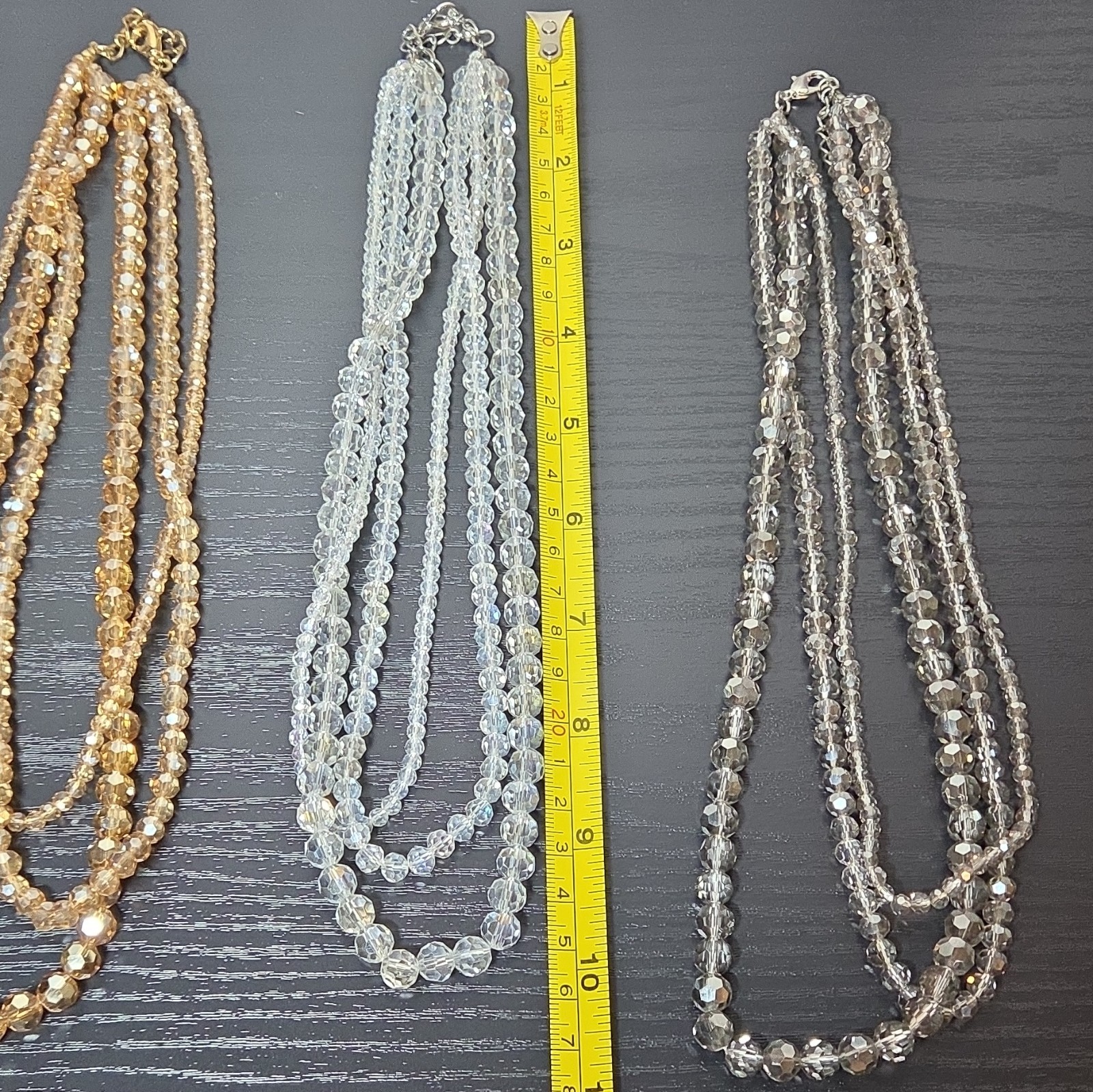 Lot of 3 Gold Tone Multi-Strand Beaded Necklaces Crystal & Glass Clear Gray