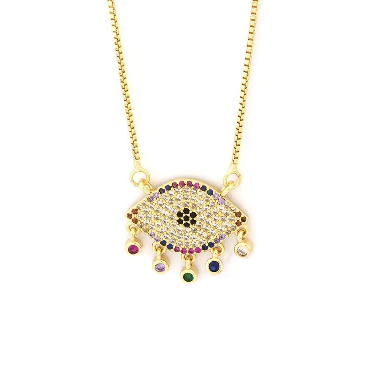 Gold Tone Evil Eye Pendant Necklace with Colorful CZ Stones Adjustable Chain