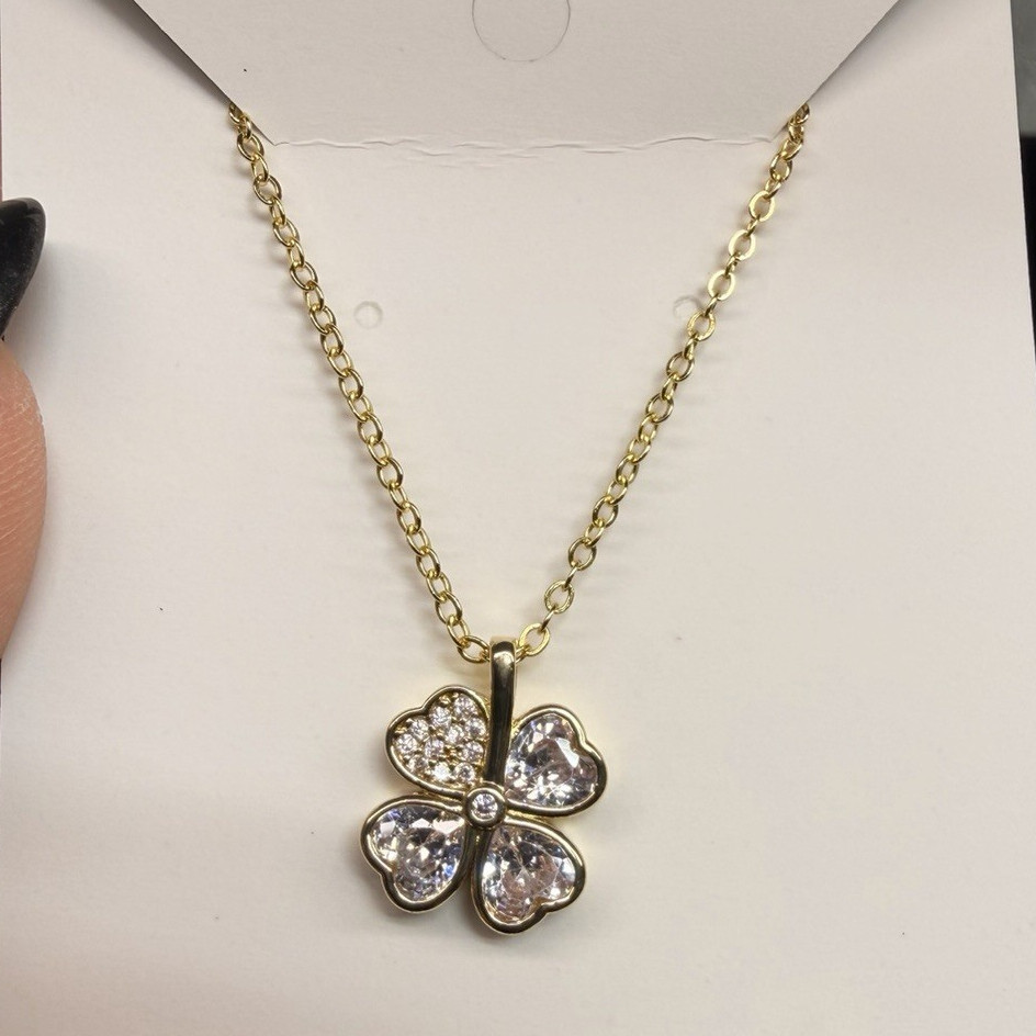 Gold Plated Clear Crystal Clover Pendant Cable Chain Necklace
