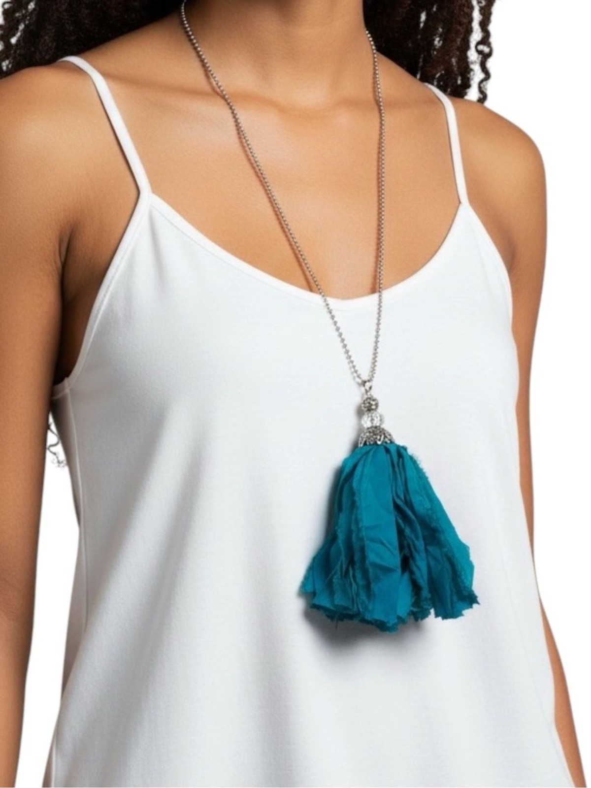 Hand Crafted Teal India Silk Tassel Pendant Necklace NWT Boho Festival