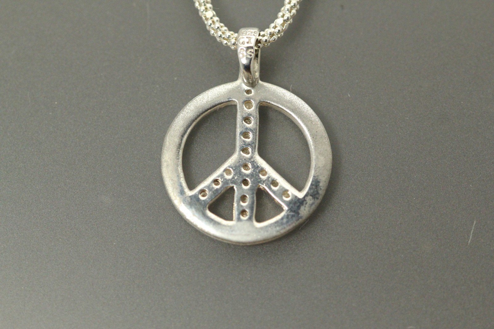 Diamond Peace Sign Sterling Silver Popcorn 18″ Chain 1.7mm wide 6.5g (NEC5823)