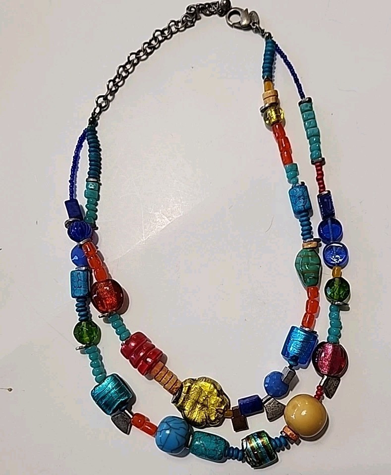 Chico’s Boho Art Glass Ncklace 2-strands Colorful Mixed Beads