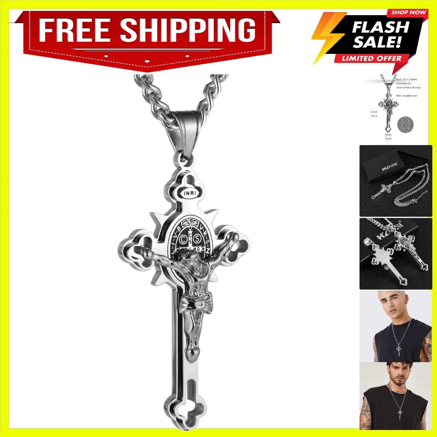 Stainless Steel St. Benedict Crucifix Cross Necklace for Men | INRI,Large,Hyp…