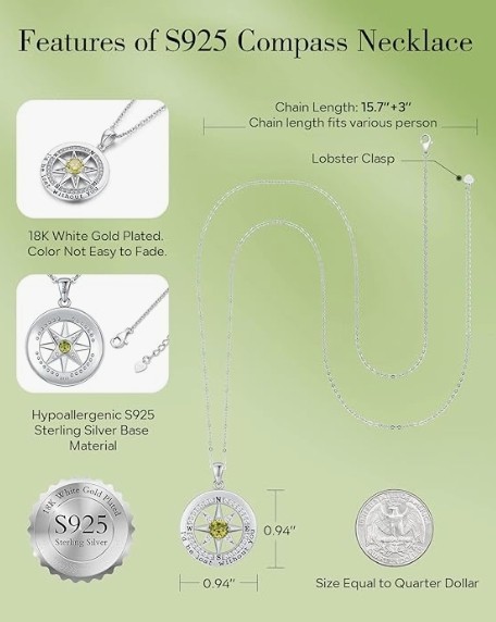 S925 Sterling Silver Compass Necklace – “I’d Be Lost Without You” – August Birth