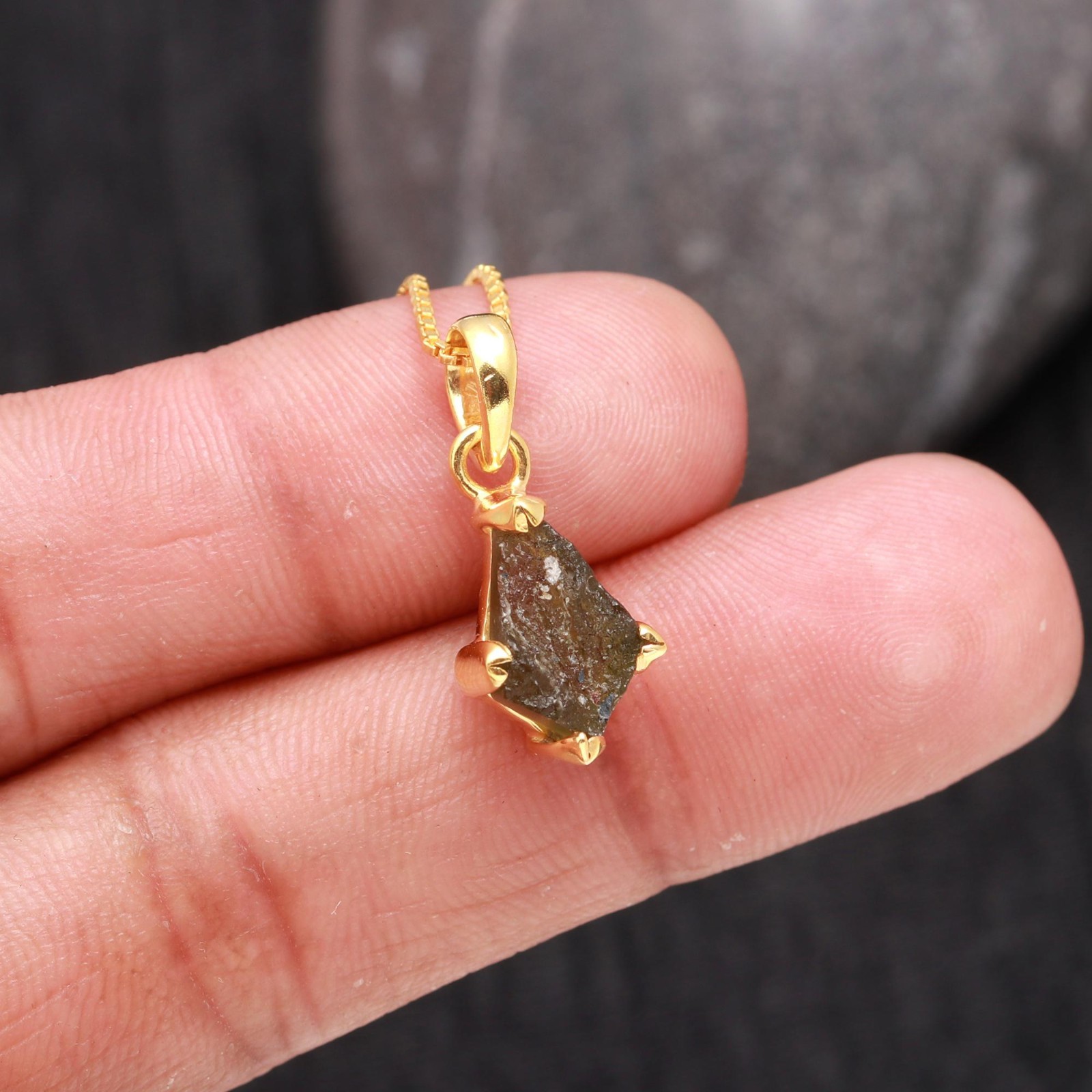Rough Moldavite Kite Chain Pendant Gold Plated Solid Silver Handmade Jewelry