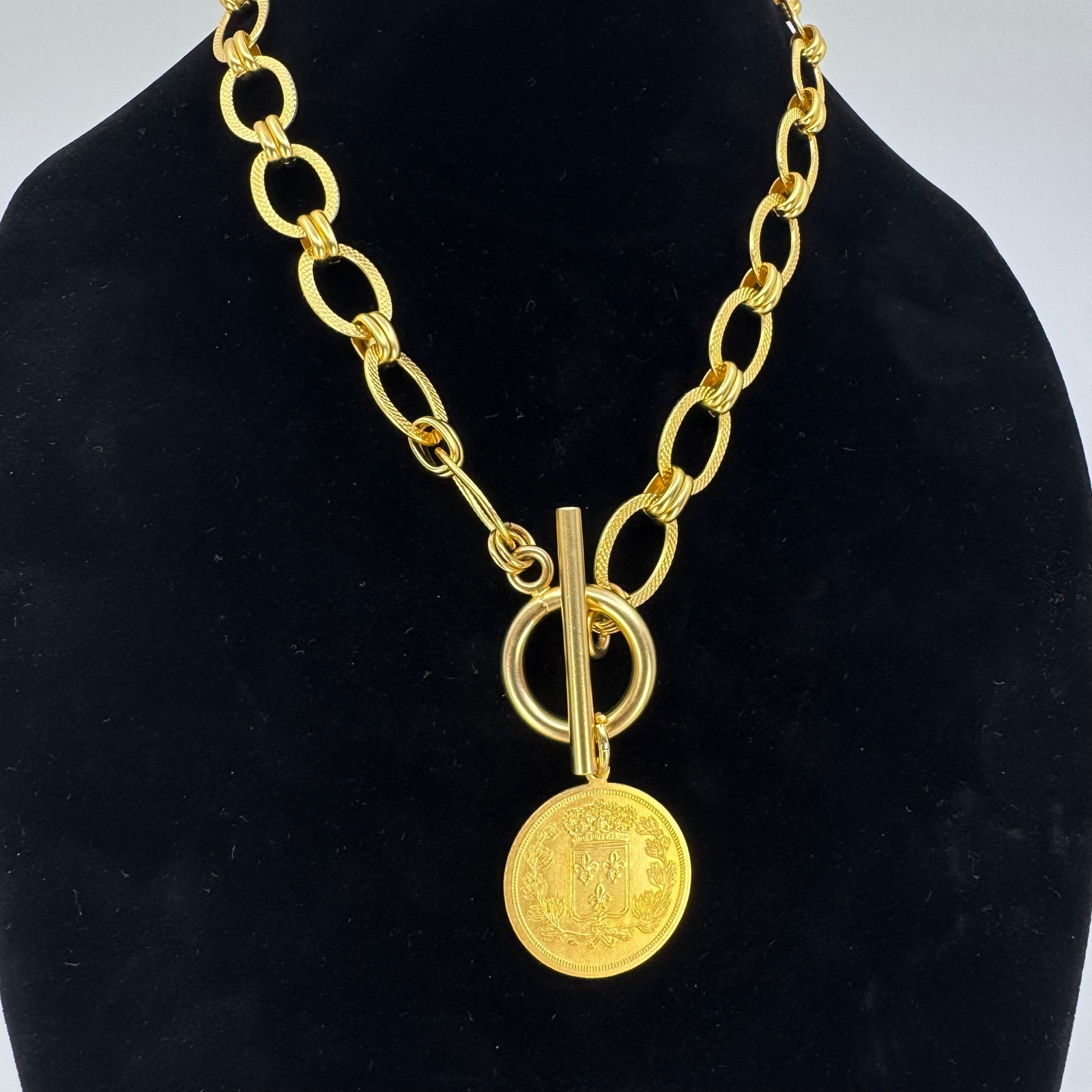 Republique Francaise French Coin Toggle Necklace Gold Tone Chunky Link OOAK 20in