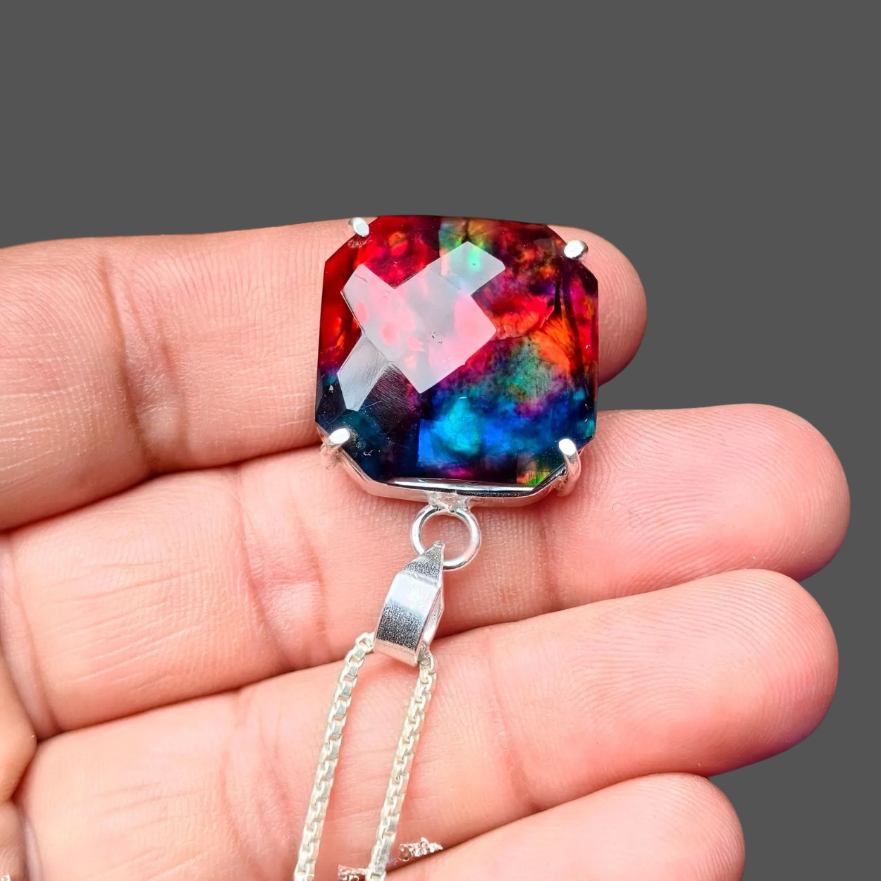 46Ct Multi Fire Ammolite Cushion Cut German Silver Pendant Necklace Gift Jewelry