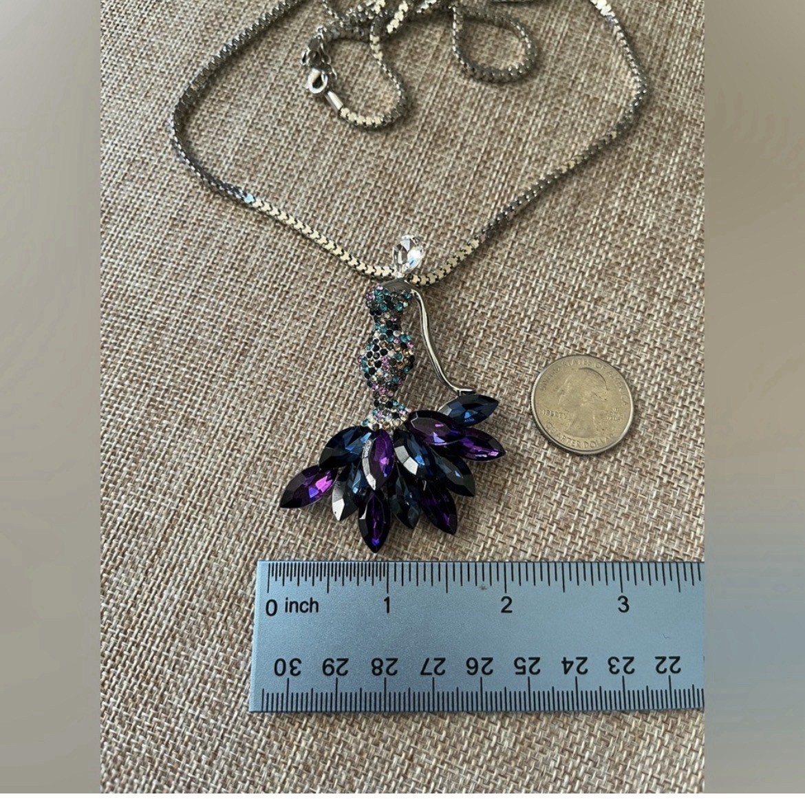 Silver Plated Box Chain Necklace Asymmetrical Dress Charm Pendant Purple Blue