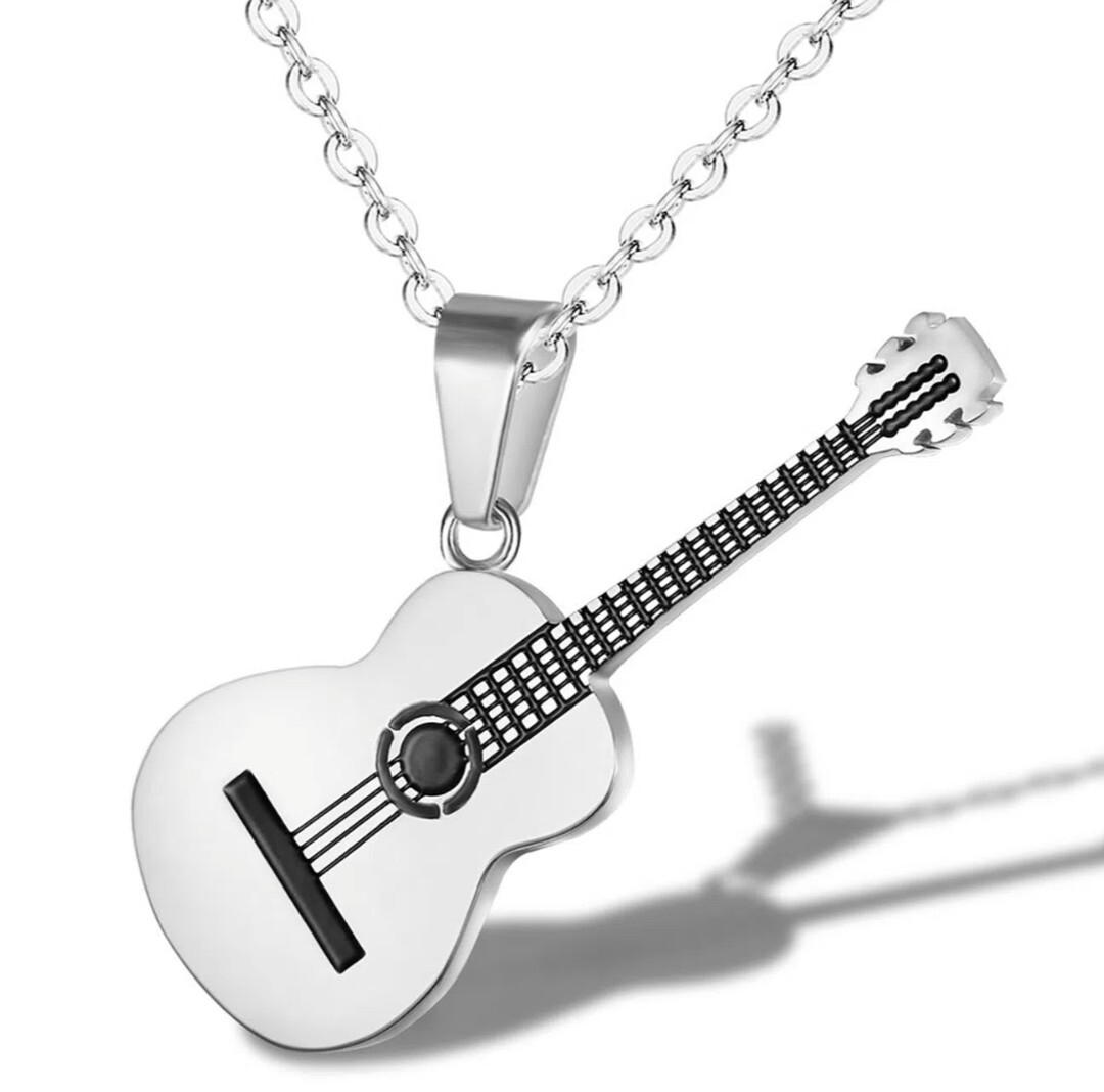 Silver Acoustic Guitar Pendant Chain Necklace Stainless Steel music rock Dad