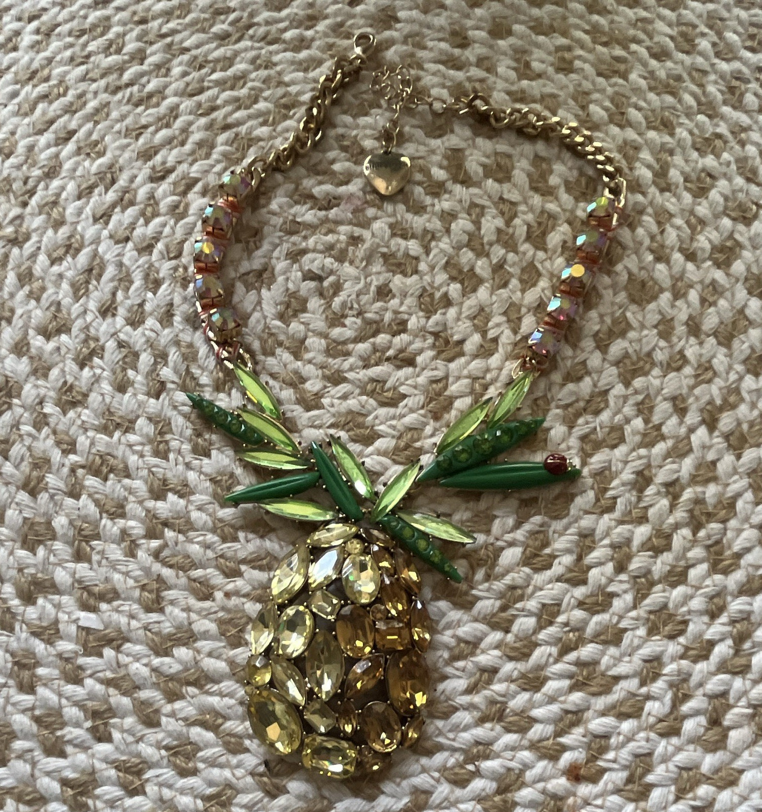 Betsey Johnson Pineapple Pendant Statement Necklace, Enamel Crystal, Adjustable