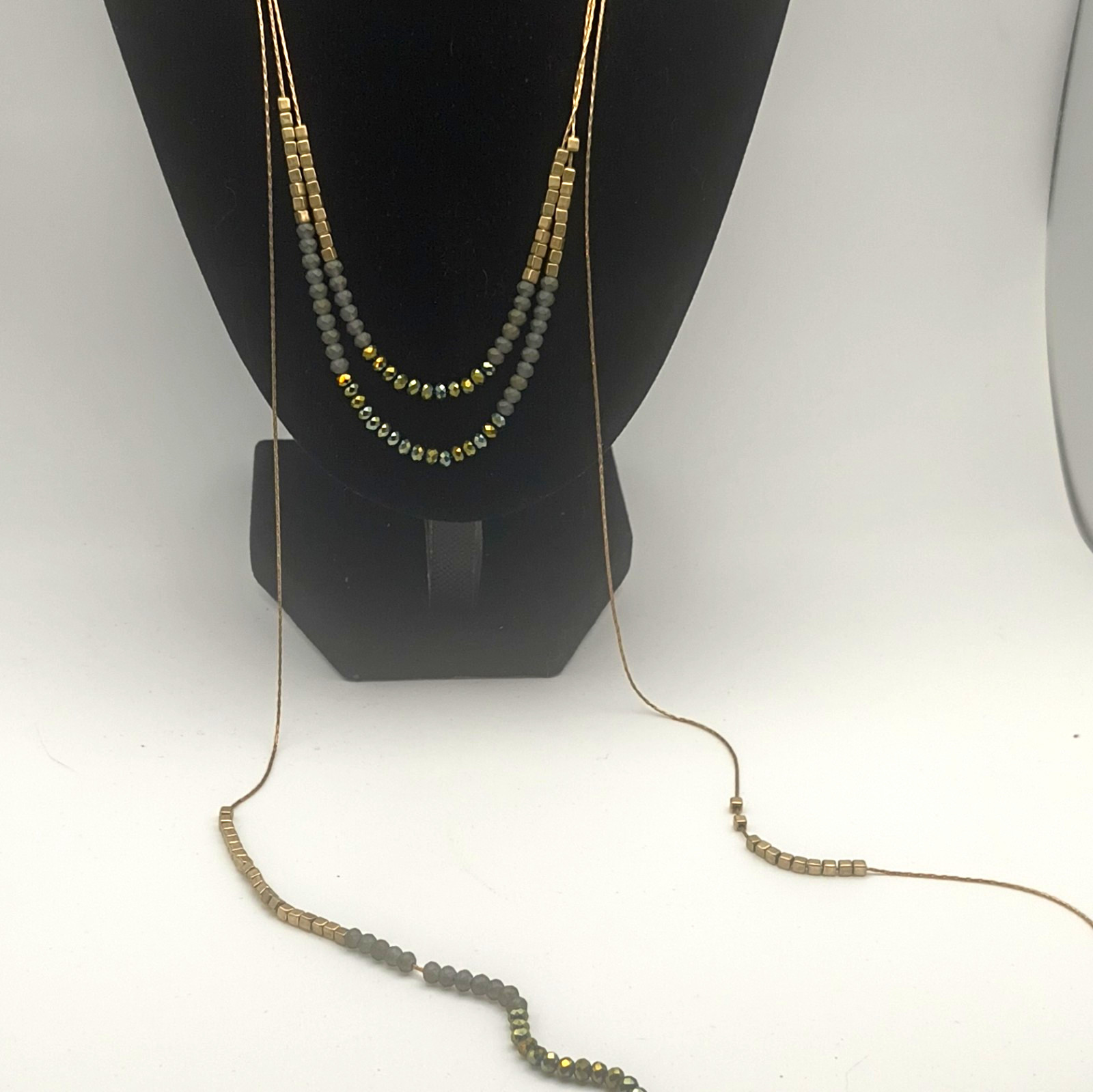 Gold Tone Layered Cable Chain Necklace Gray Round Crystal Beaded Adjustable